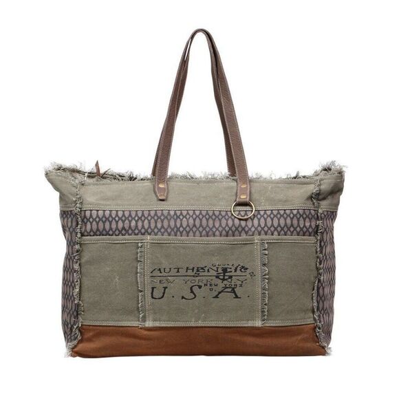Myra Bag Handmade Honey Weekender Bag Upcycled Canvas & Cowhide Leather - Picture 1 of 7